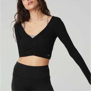 ALO Yoga Black Cropped Wrap Long Sleeve Top